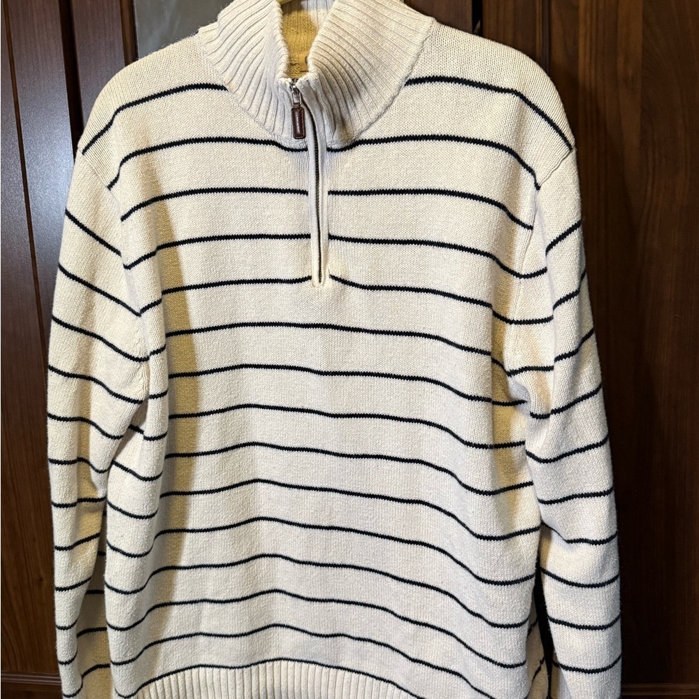 J. Crew Men's Cream and Black Striped Heritage Zip-Up Sweater size Large - Picture 4 of 9